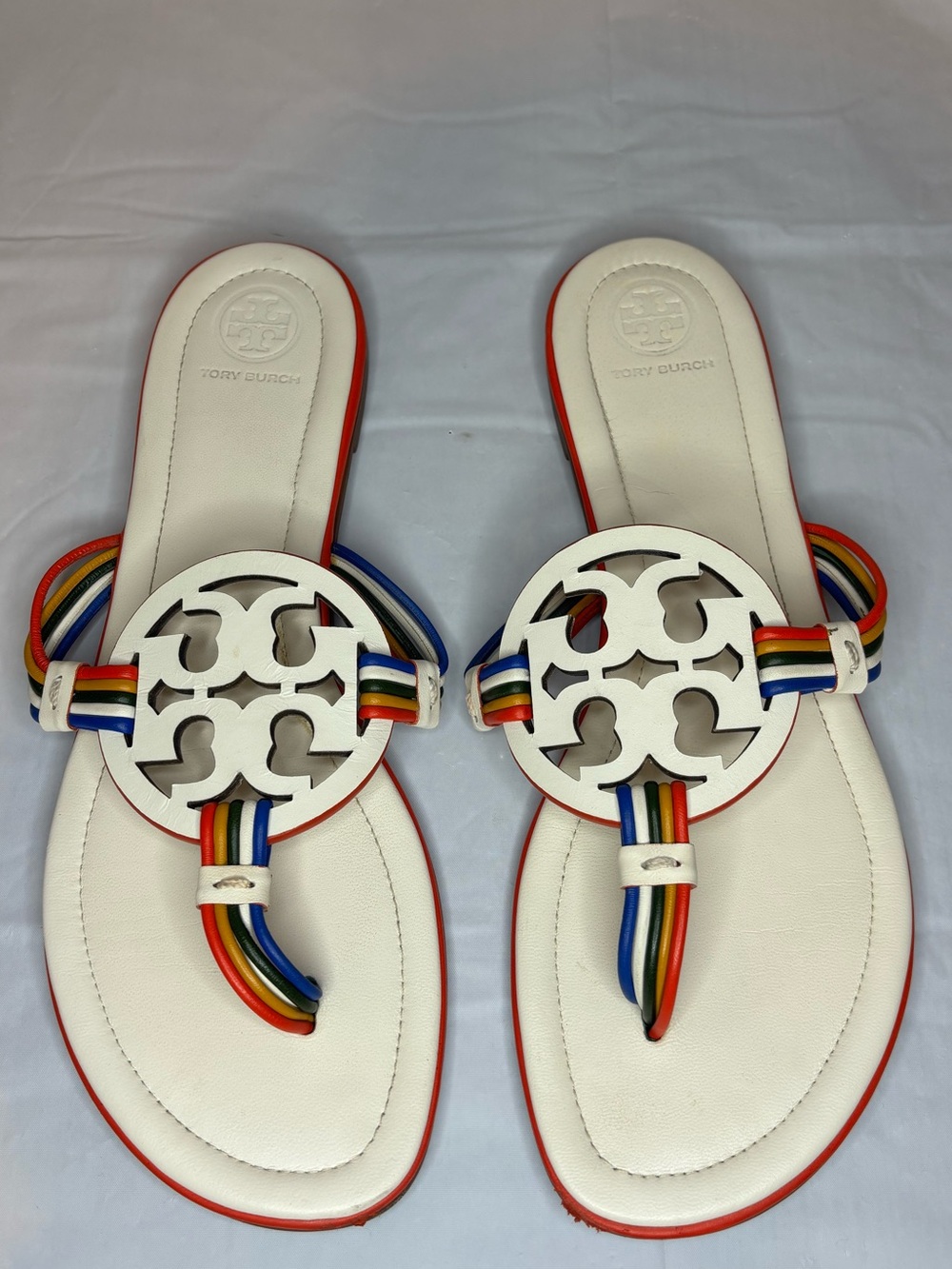 Tory Burch Mignon White Rainbow Multi Strappy Miller Sandals Size 9